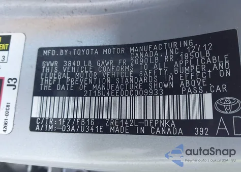 2013 Toyota Corolla Le из США, поврежденный, VIN 2T1BU4EE0DC009933